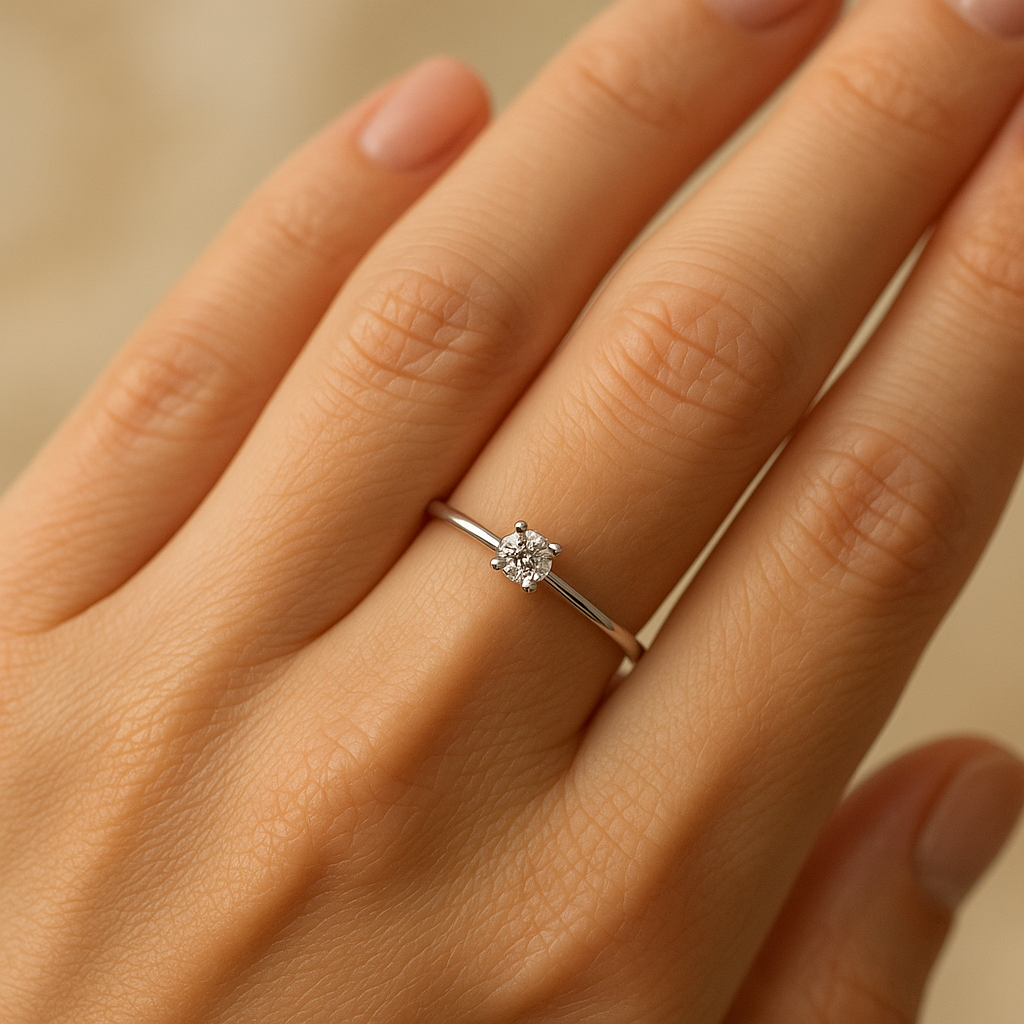 Anillo Solitario 0,15 ct en Oro Blanco 9K Personalizado para Mujer puesto en la mano