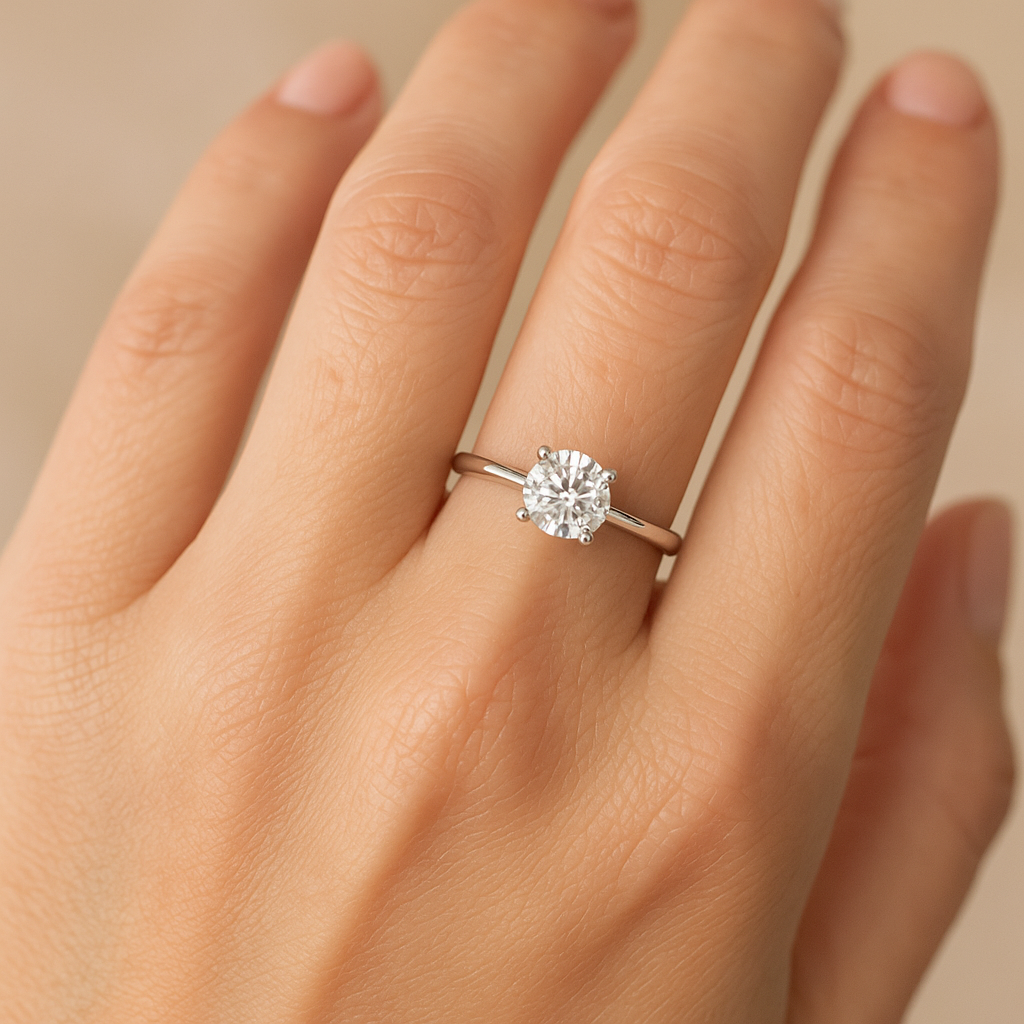 Anillo Solitario 1,00 ct D-VVS en Oro Blanco 9K Personalizado para Mujer puesto en la mano