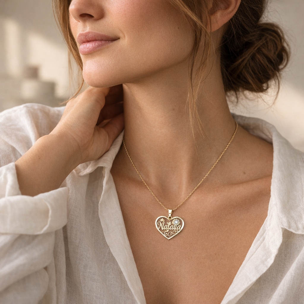 Collar Corazón Flores de Oro 18K con Nombre Grabado - joya puesta | Customima