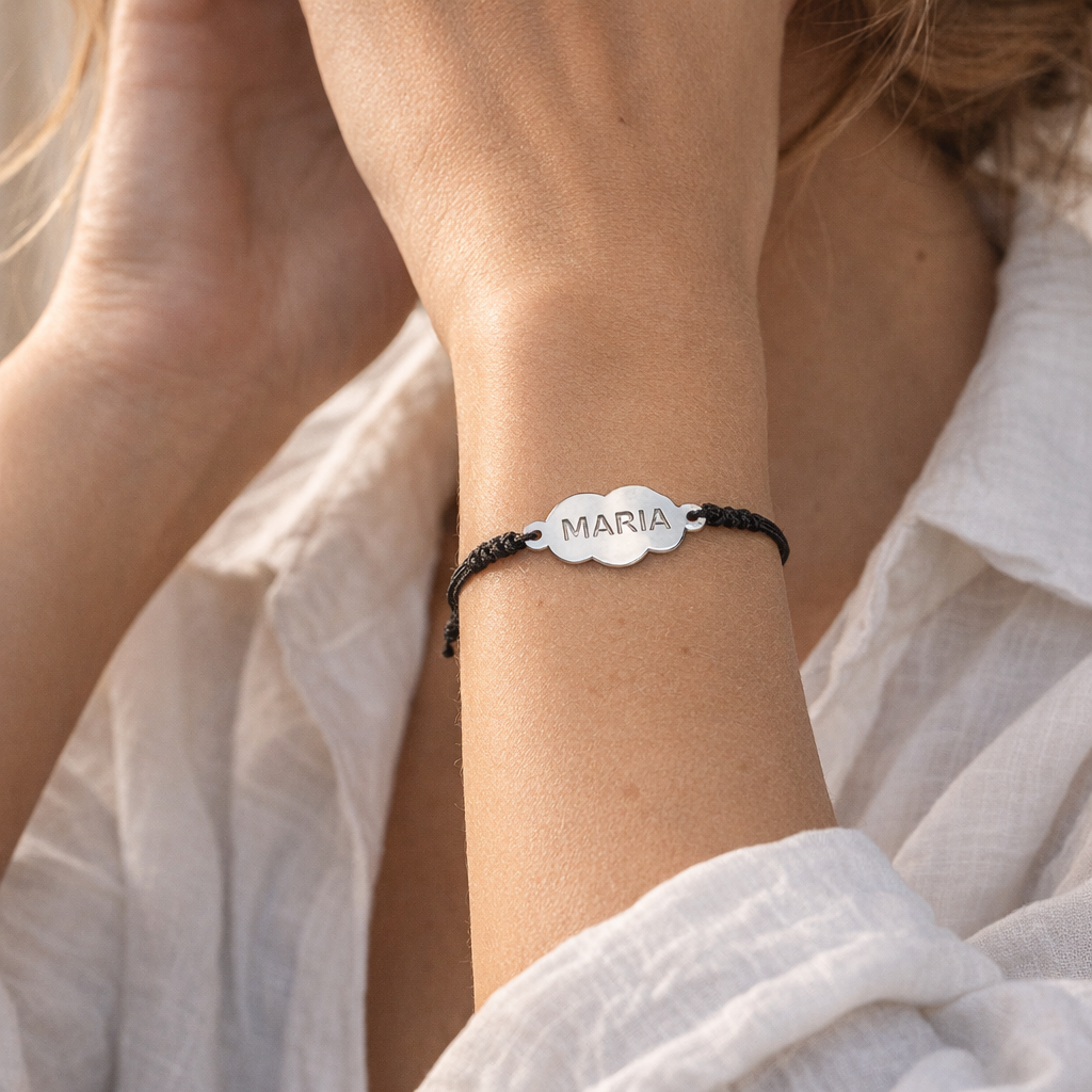 Pulsera Nube Macramé de Plata 925 con Nombre Grabado - joya puesta | Customima