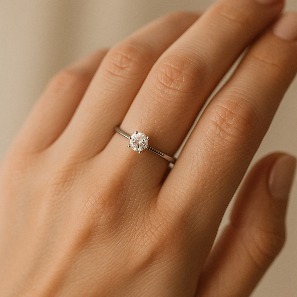 Anillo Solitario Promise de Platino 950 con Diamante puesto en la mano