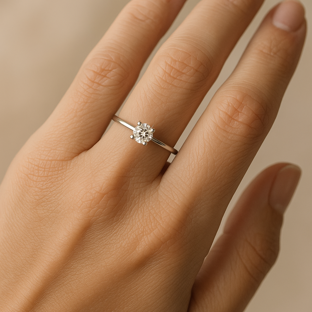 Anillo Solitario de Platino 950 con Diamante 0.40ct puesto en la mano