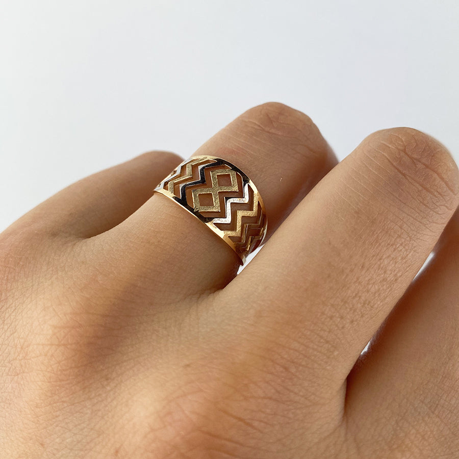 Anillo Rombo ZigZag Carril Bicolor Oro