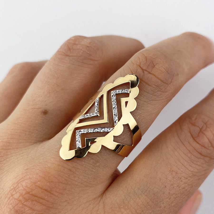 Anillo Lanzadera ZigZag Circonitas Bicolor Oro