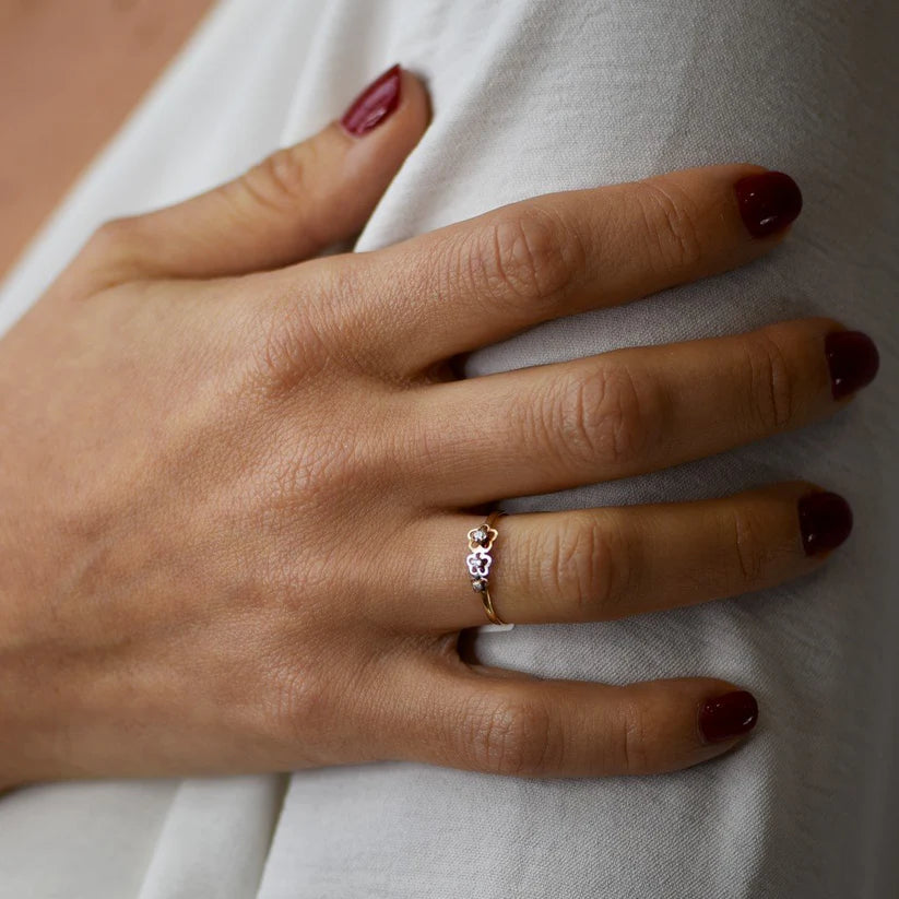 Anillo Comunión Flores Ajustable Circonitas Oro Bicolor