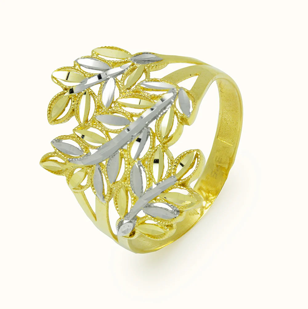 Anillo Ancho Hojas Satinadas Oro Bicolor
