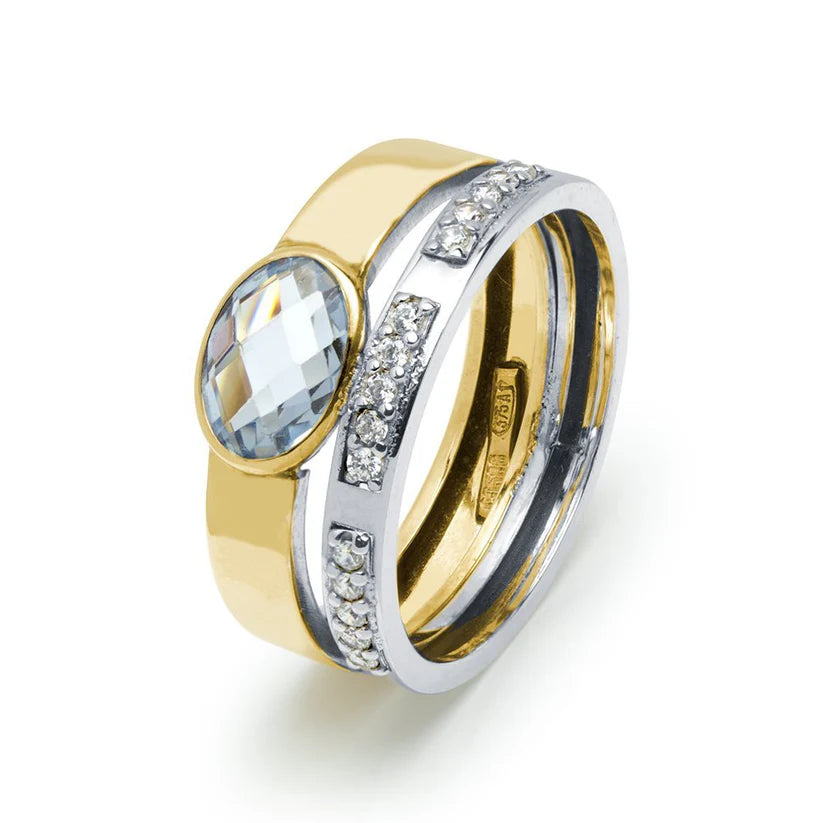 Anillo Doble Circonita Aguamarina y Circonita Blancas Oro