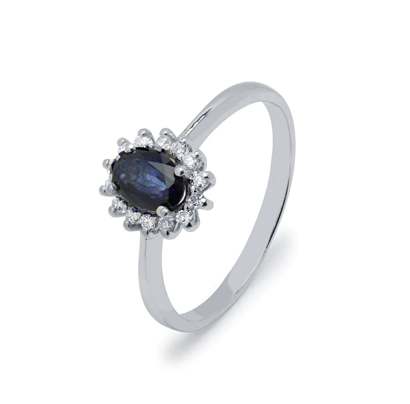 Anillo Diamantes y Zafiro 6x4mm Oro