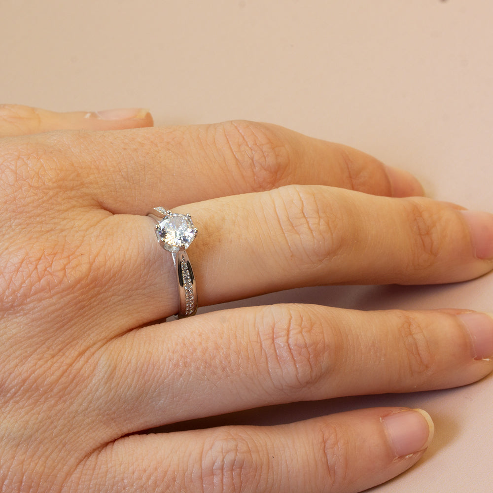 Anillo Solitario Americano 6 grapas Plata