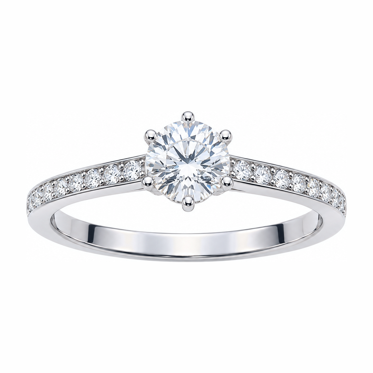 Anillo de plata con moissanita central de seis garras y banda de piedras pequeñas