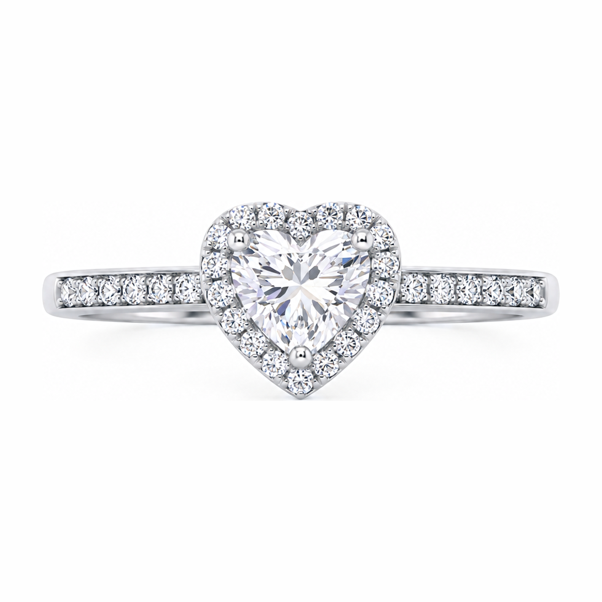 Anillo de plata con moissanita en forma de corazón con halo y banda de piedras pequeñas