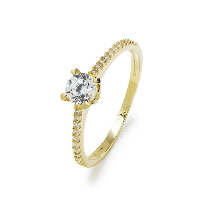Anillo Solitario Americano Circonitas 4 grapas Oro