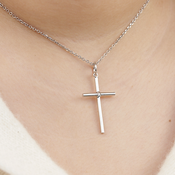 Cadena y Colgante Cruz tubo lisa grande Plata