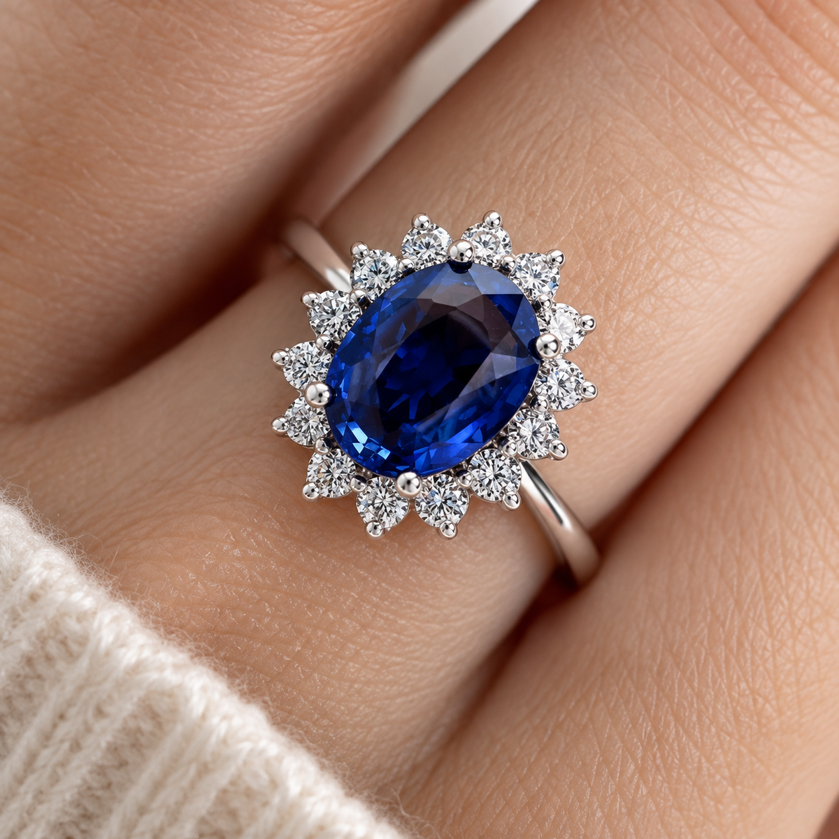 Anillo de zafiro azul con halo de diamantes en oro blanco puesto en la mano
