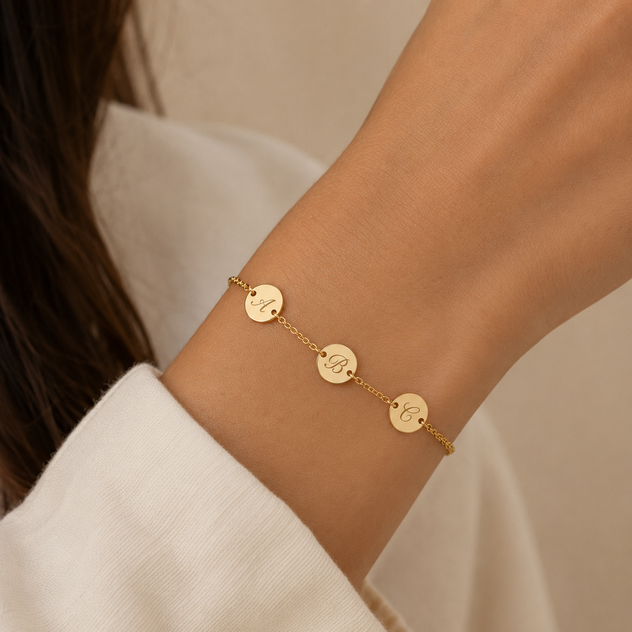 Pulsera 3 Discos de Oro 9K con Inicial Grabada