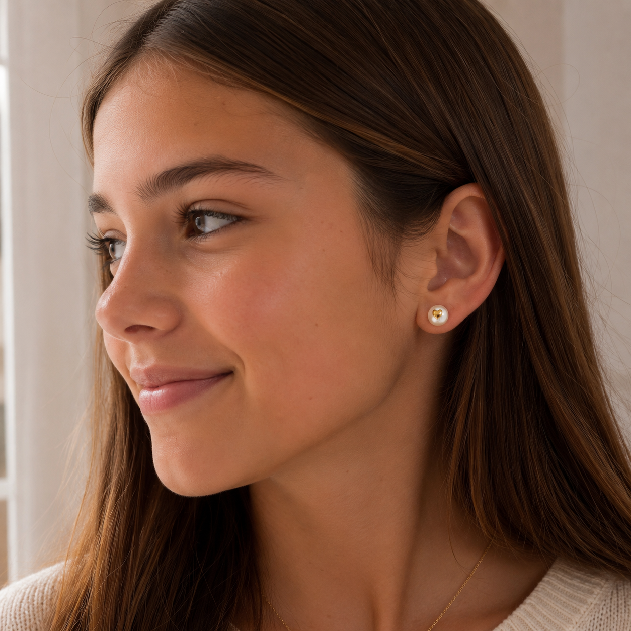 Pendientes Perla Corazón de Oro 9K para Niña