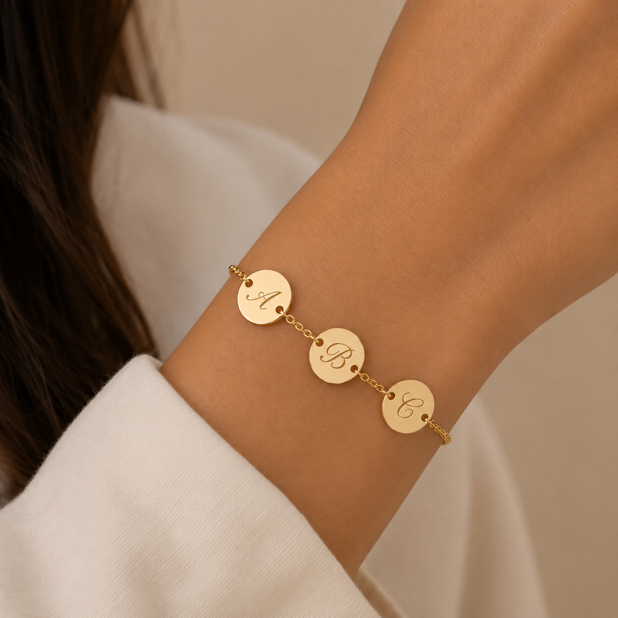 Pulsera 3 Discos de Oro 9K con Inicial Grabada