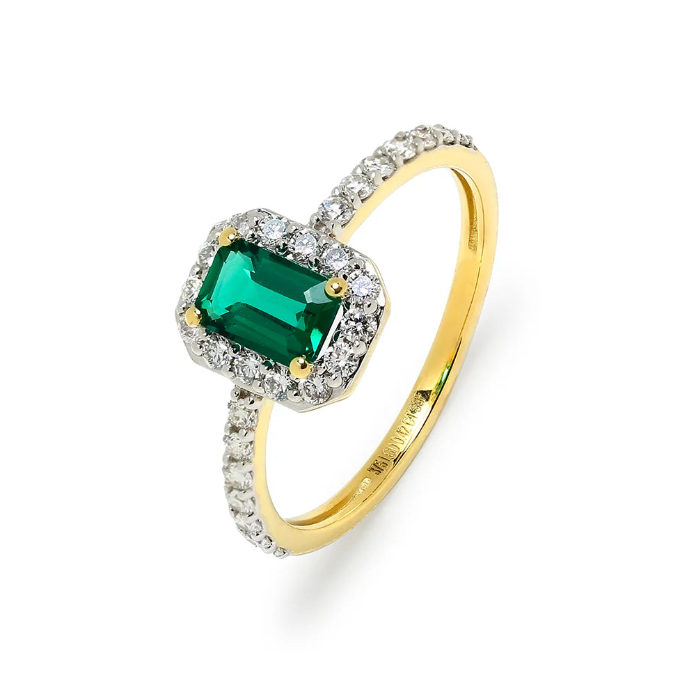 Anillo Rosetón de Oro 9K con Esmeralda y Brillantes para Mujer