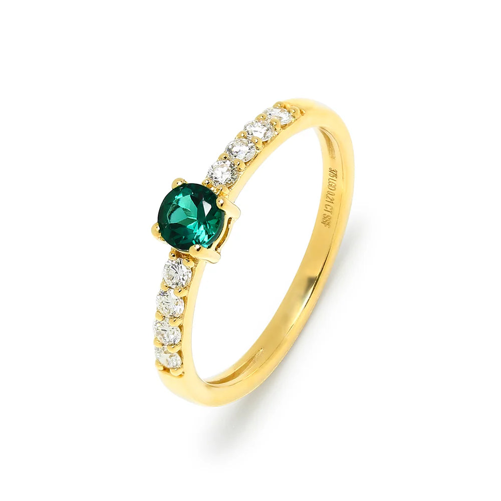 Anillo de Oro 9K con Esmeralda de Laboratorio y Brillantes para Mujer