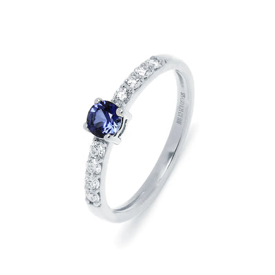 Anillo de Oro Blanco 9K con Zafiro y Brillantes para Mujer