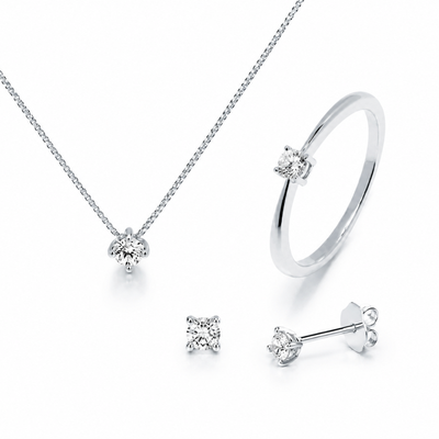 Conjunto Diamante de Laboratorio Plata 925 — Anillo, Collar y Pendientes