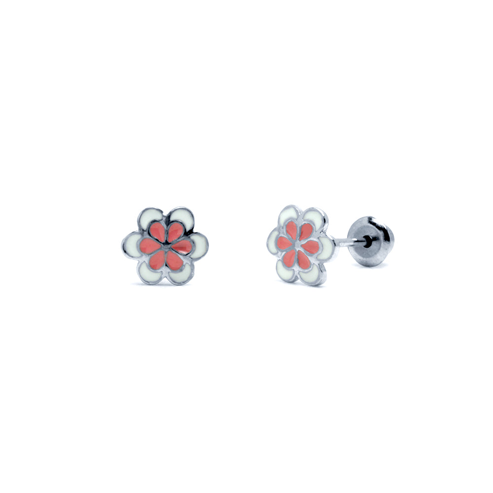 Pendientes Niña Flor Rosa Plata