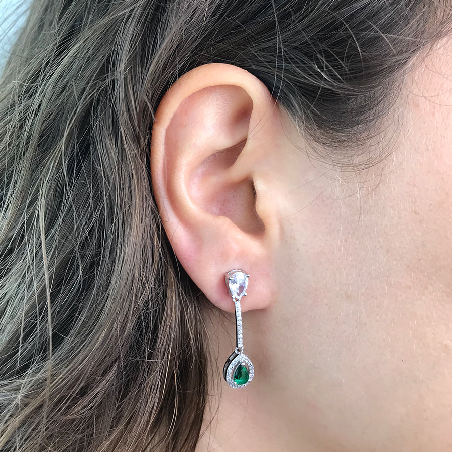Pendientes Fiesta Largo Circonita Esmeralda Plata