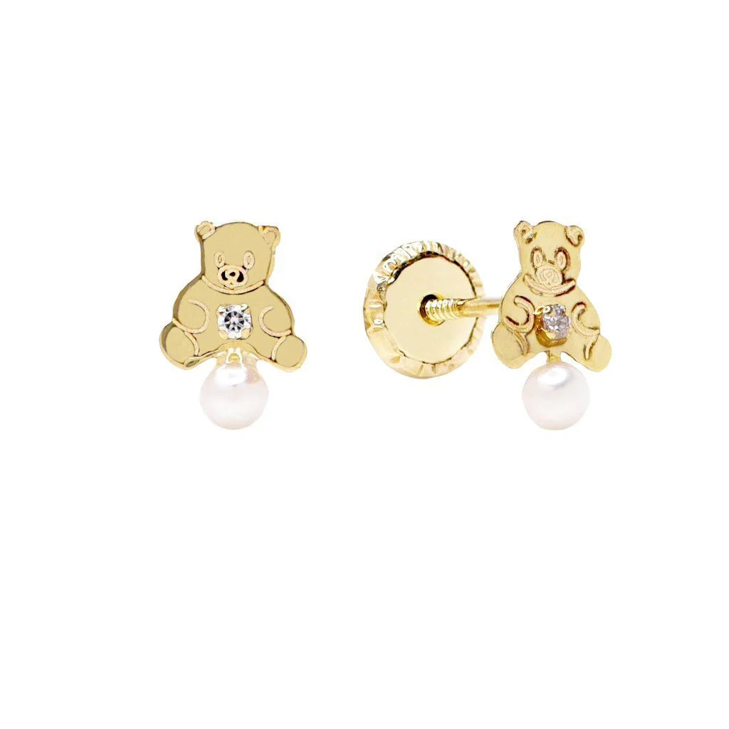 Pendientes Bebés Osito y Perla Oro 9k
