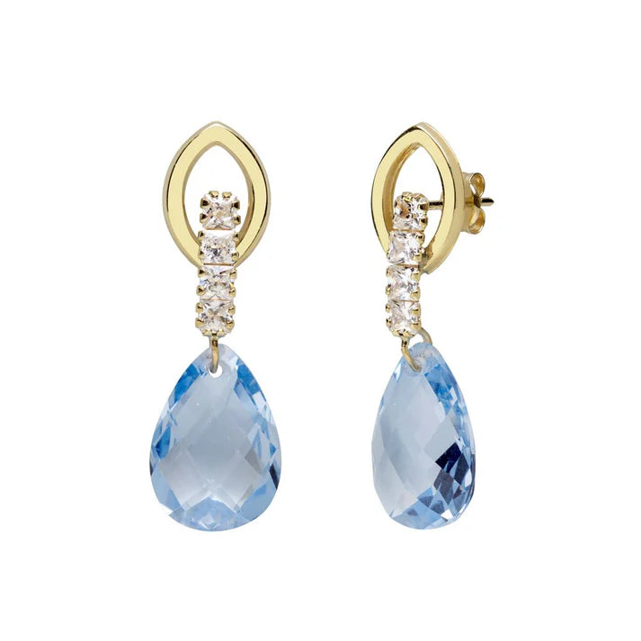 Pendientes Largos de Oro 9K con Circonita Aguamarina