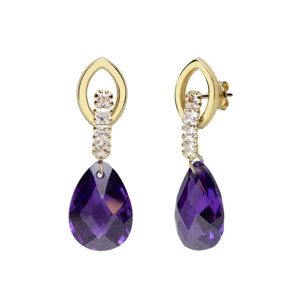 Pendientes Largos de Oro 9K con Circonitas Amatista