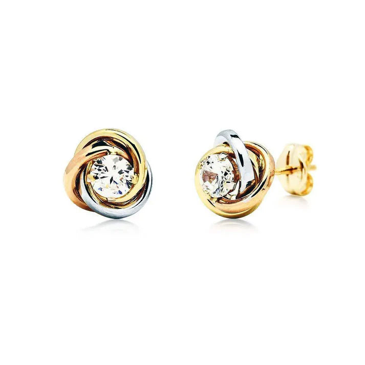 Pendientes Nudo de Oro Tricolor 18K con Circonita