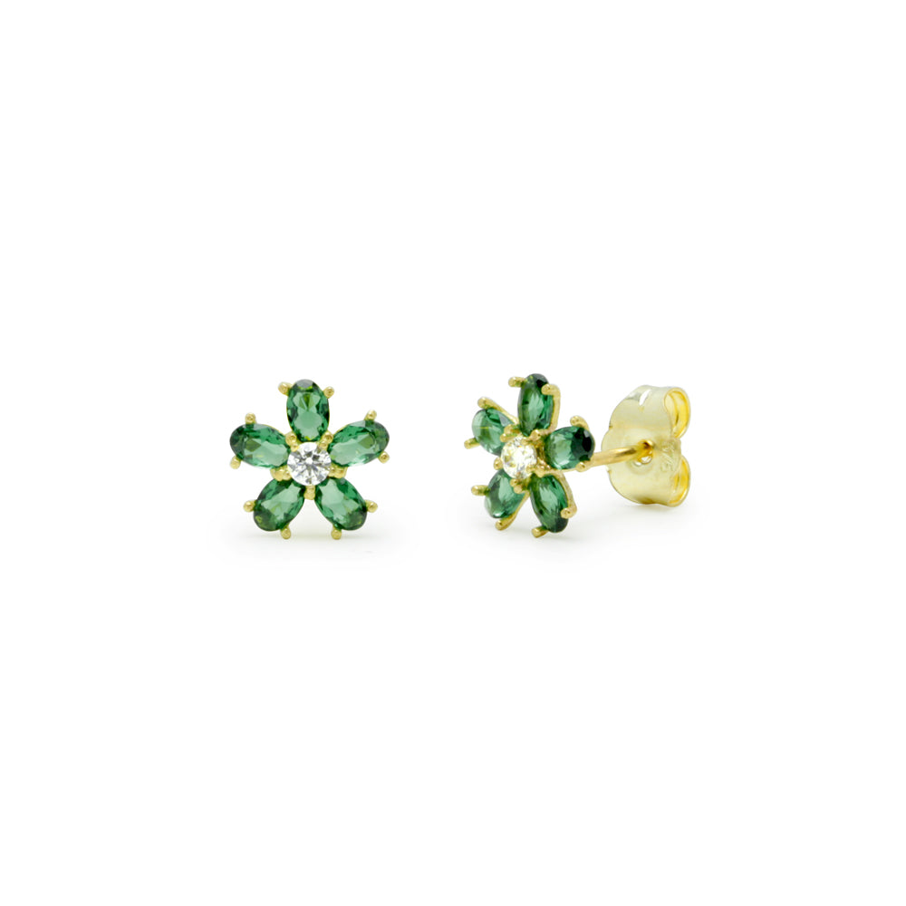 Pendientes Flor Circonitas Verde  Oro