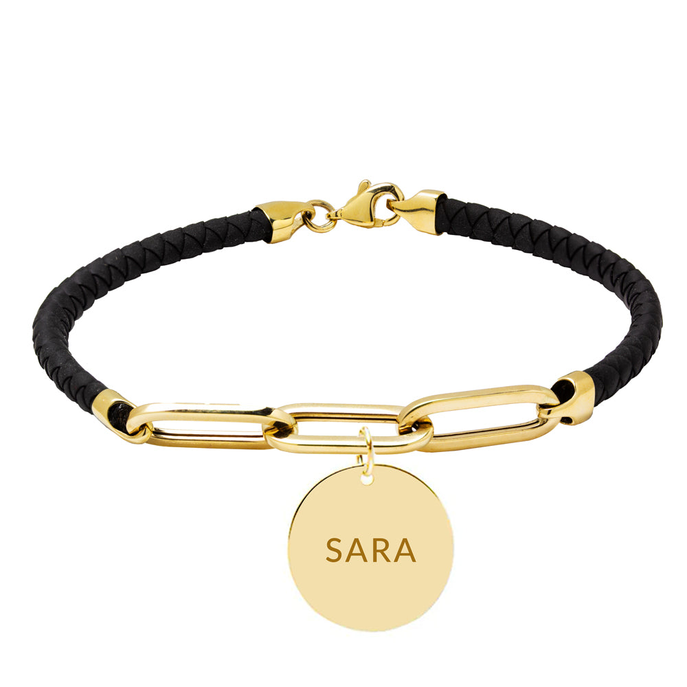 Pulsera Personalizable Cuero Negro 3 Eslabones Oro