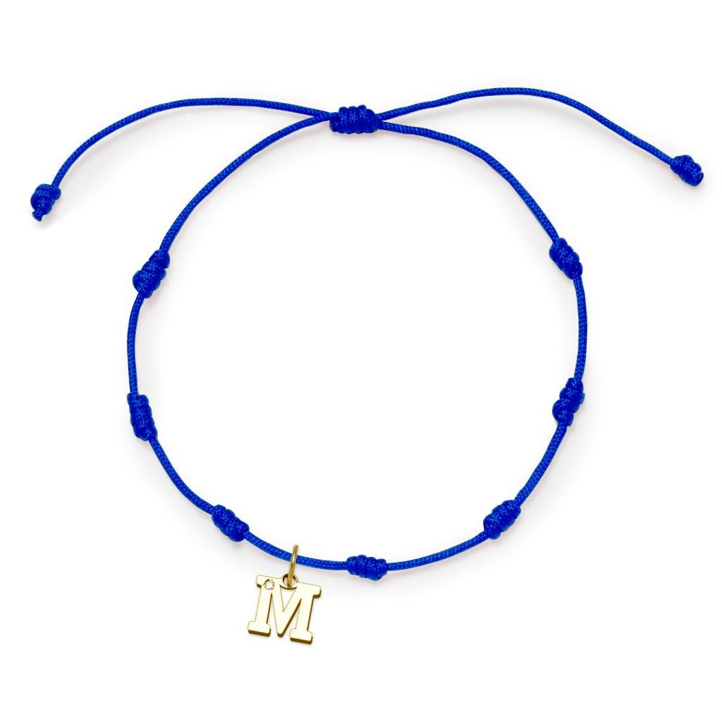 Pulsera con Inicial 7 nudos Azul con Diamante y Oro