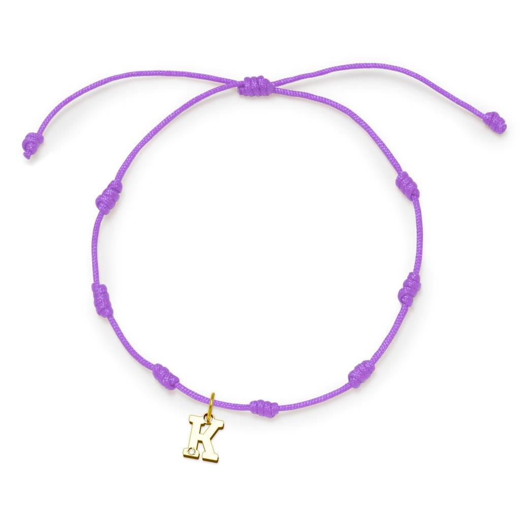 Pulsera con Inicial 7 nudos Lila con Diamante y Oro