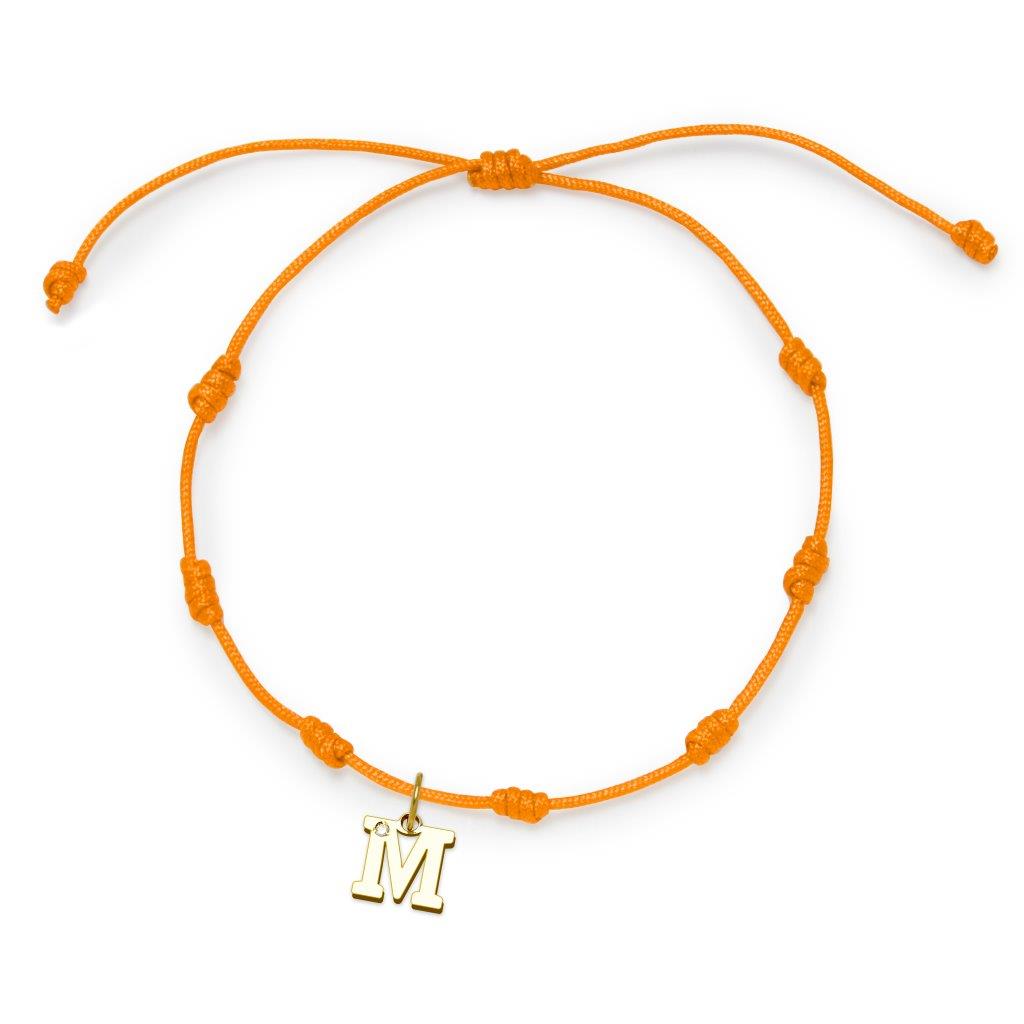 Pulsera con Inicial 7 nudos Naranja con Diamante y Oro