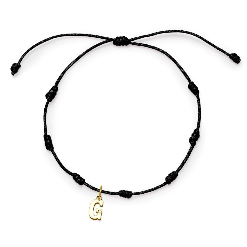 Pulsera con Inicial 7 nudos Negro con Diamante y Oro