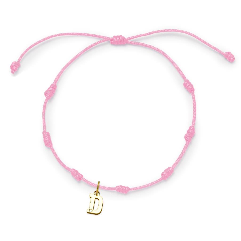 Pulsera con Inicial 7 nudos Rosa con Diamante y Oro