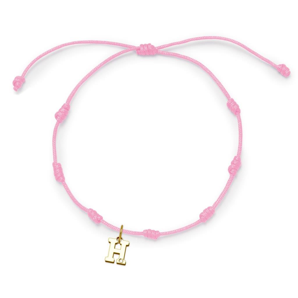 Pulsera con Inicial 7 nudos Rosa con Diamante y Oro