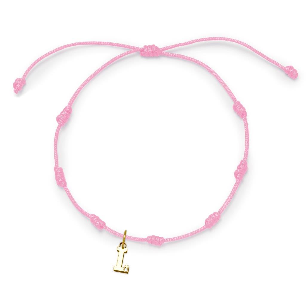 Pulsera con Inicial 7 nudos Rosa con Diamante y Oro