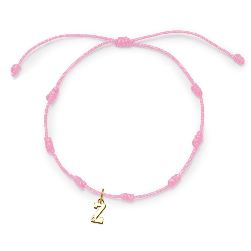 Pulsera con Inicial 7 nudos Rosa con Diamante y Oro