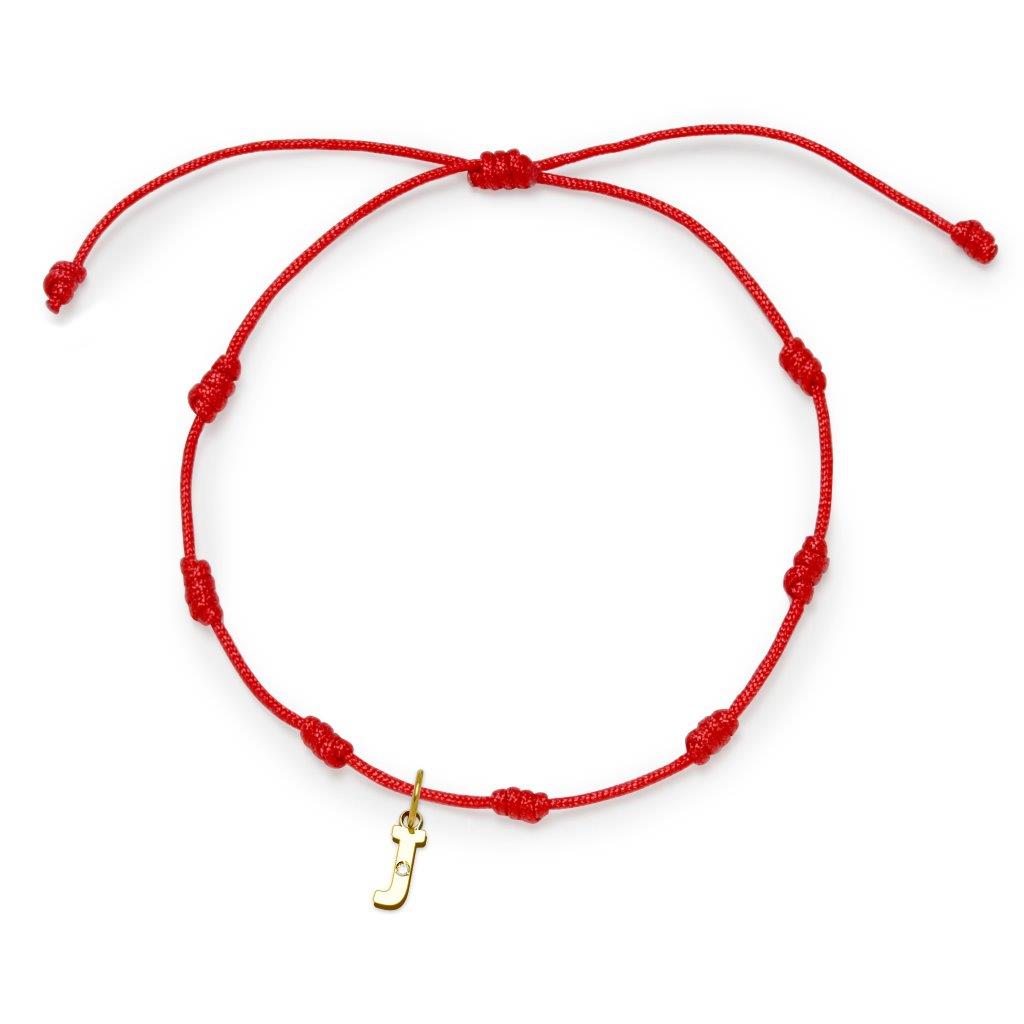 Pulsera con Inicial 7 nudos Roja con Diamante y Oro