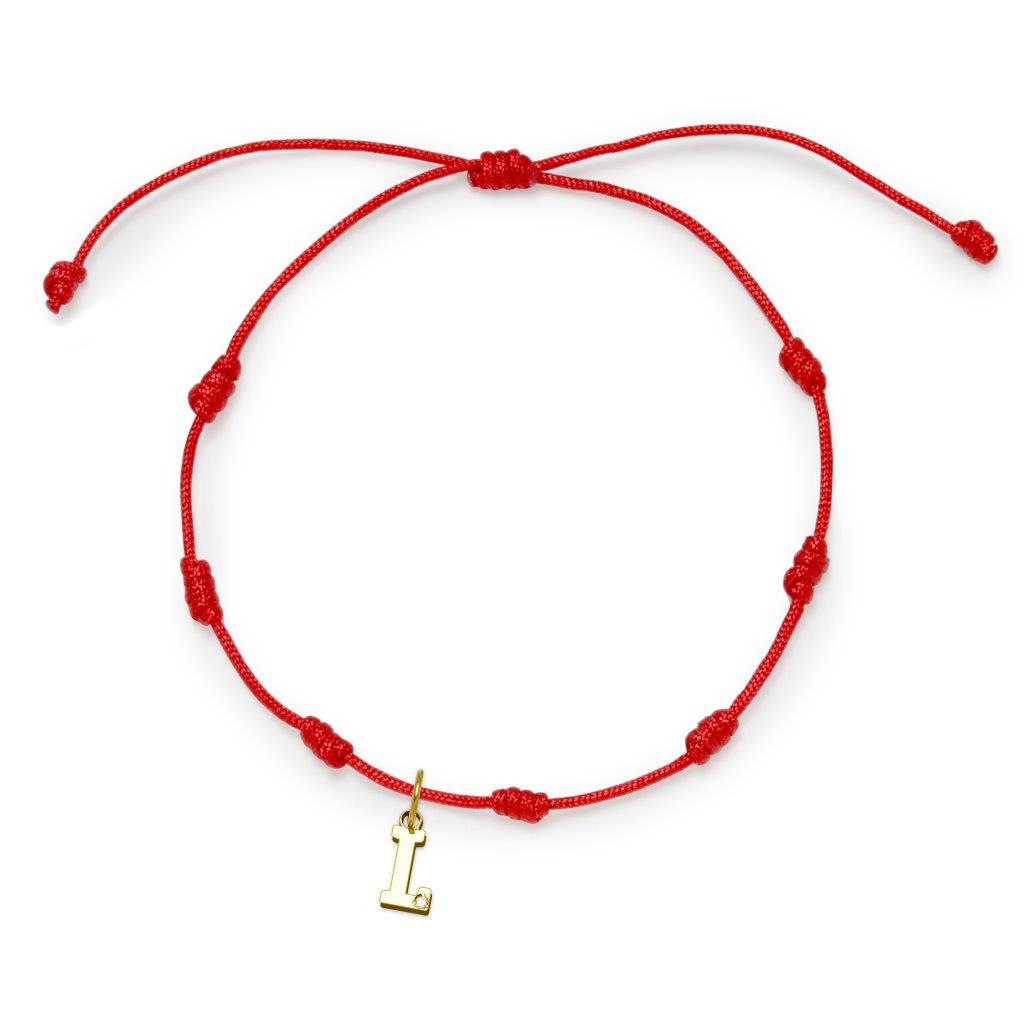 Pulsera con Inicial 7 nudos Roja con Diamante y Oro