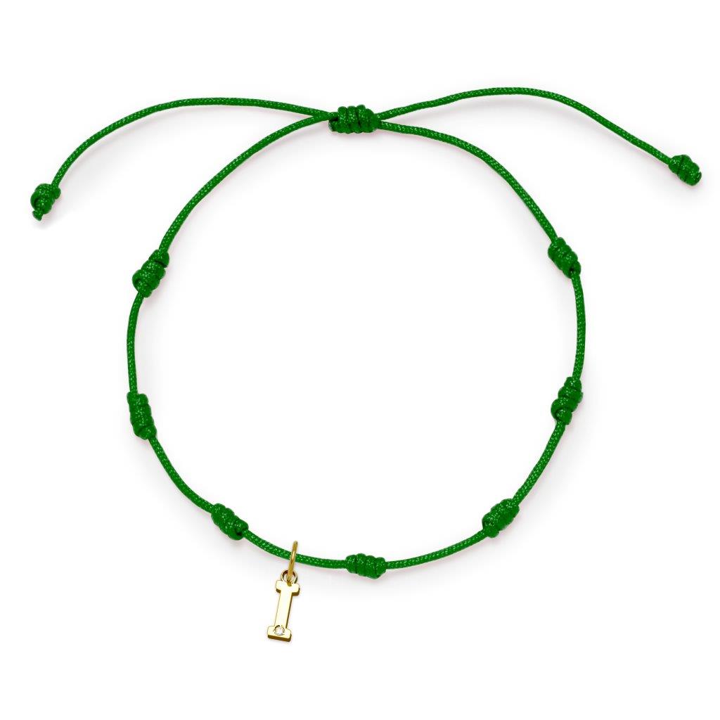 Pulsera con Inicial 7 nudos Verde con Diamante y Oro