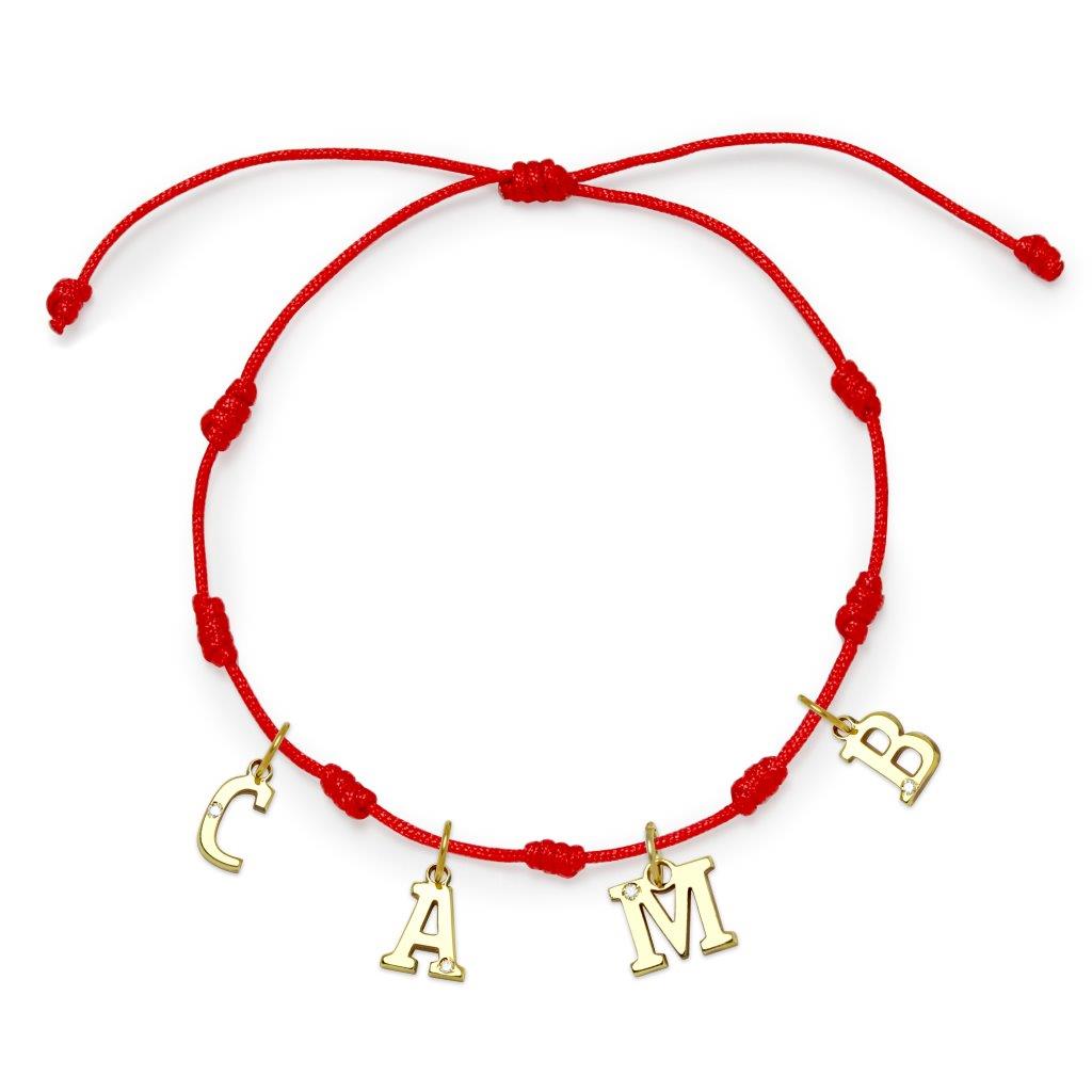 Pulsera con Inicial 7 nudos Rojo 4 letras con Diamante y Oro