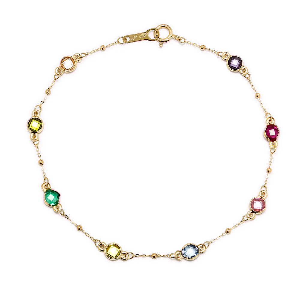 Pulsera de Oro 9K con Circonitas de Color y Bolitas