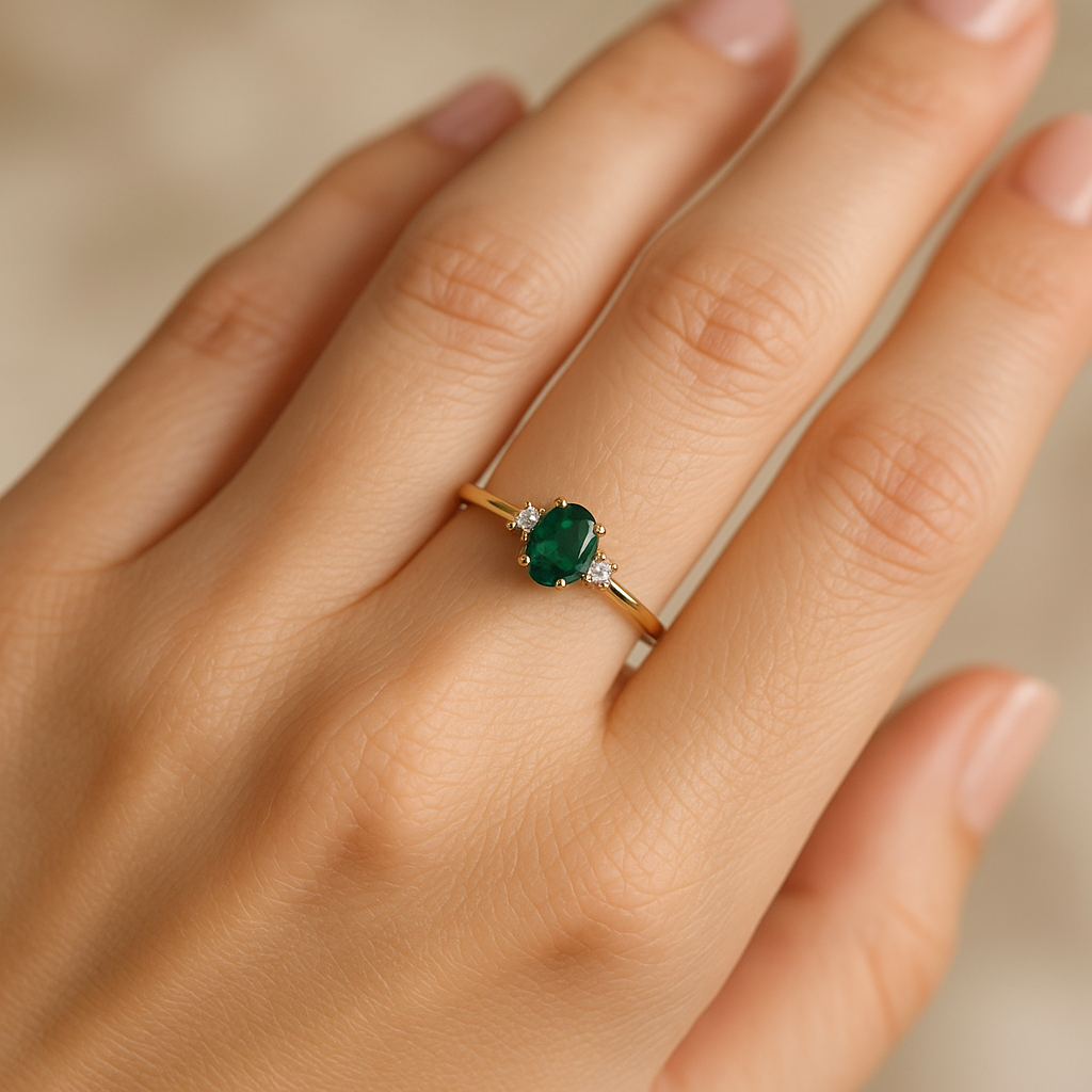 Anillo de Oro 9K con Esmeralda 0,60 ct y Brillantes para Mujer puesto en la mano