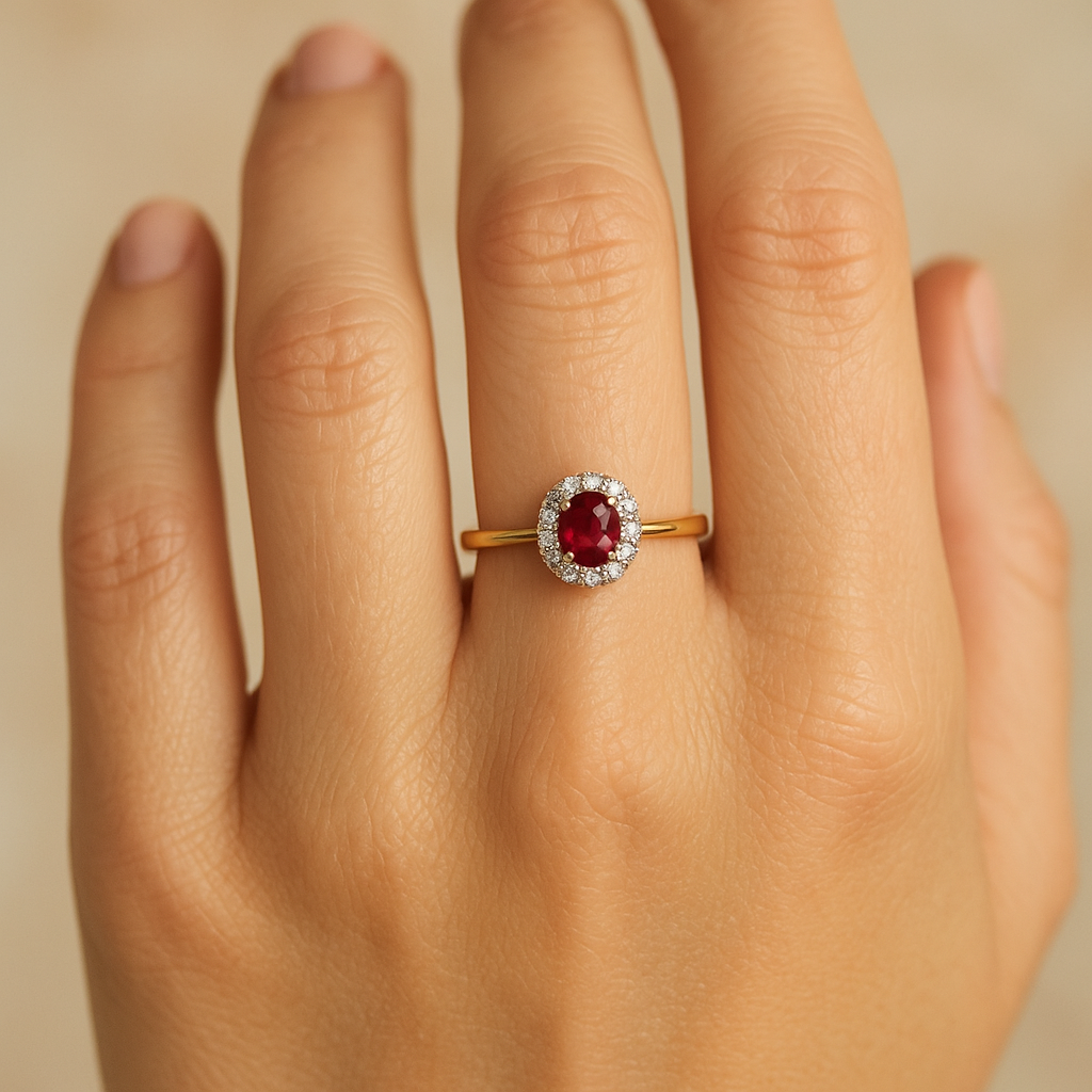 Anillo Roseta de Oro 9K con Rubí 0,41 ct y Brillantes para Mujer puesto en la mano