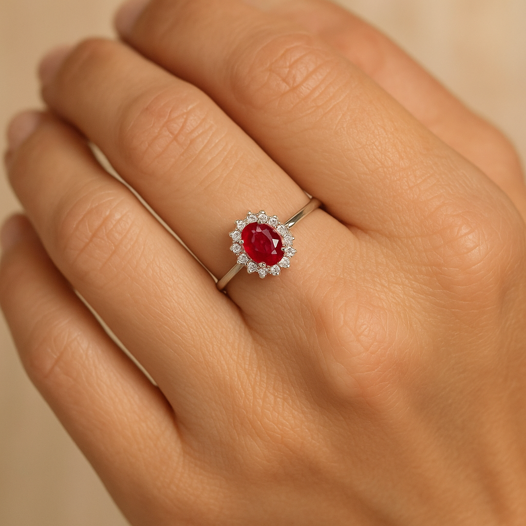 Anillo Roseta de Oro para Mujer con Rubí y Brillantes puesto en la mano