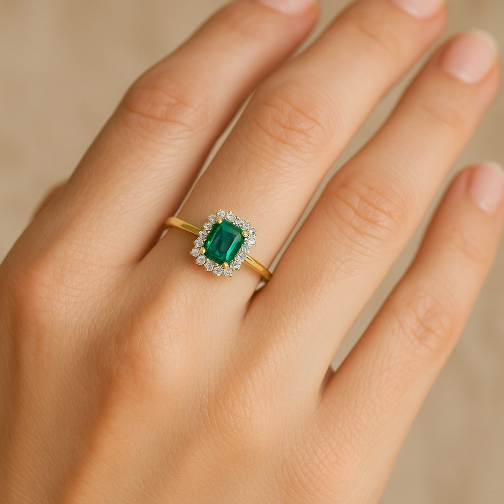 Anillo Roseta de Oro 9K con Esmeralda y Brillantes para Mujer puesto en la mano